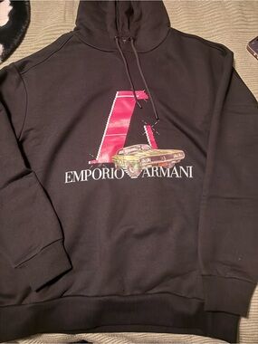 Emporio Armani Black Hoodie with Pink Logo and Multicolor Car Graphic